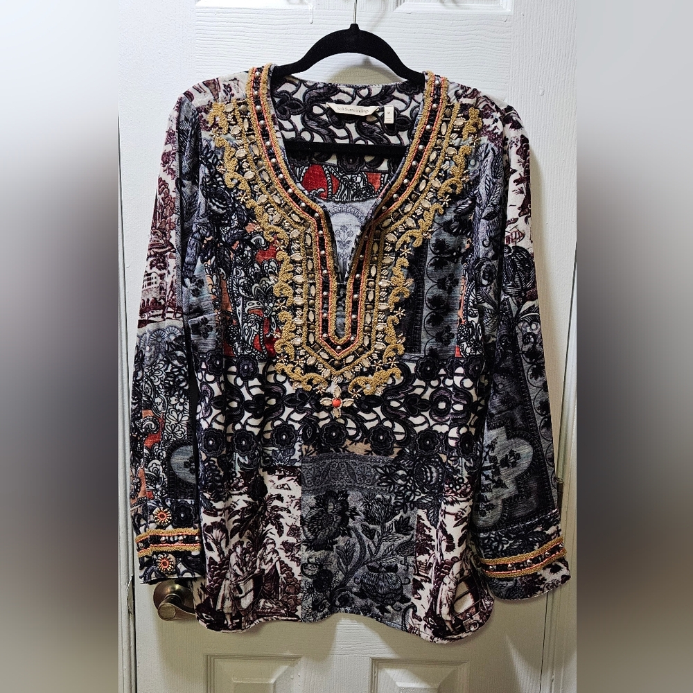 Soft Surroundings Venetian Velvet Embellished Gem Top Size M